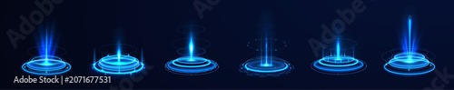 Fotografía A radiant energy gateway shines with intense blue illumination, forming an advanced science fiction teleport platform