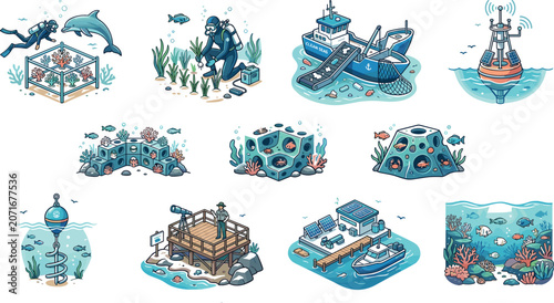 Marine Conservation and Ocean Restoration Vector Icon Set Featuring Coral Nurseries Artificial Reef Blocks Scuba Divers Cleaning Plastic Pollution and Monitoring Buoys