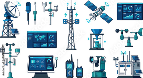 Meteorological weather station technology equipment and automatic climate observation radar tracking system elements vector illustration set