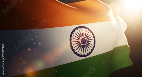 Indian national flag waving in golden sunlight with vibrant colors and motion blur