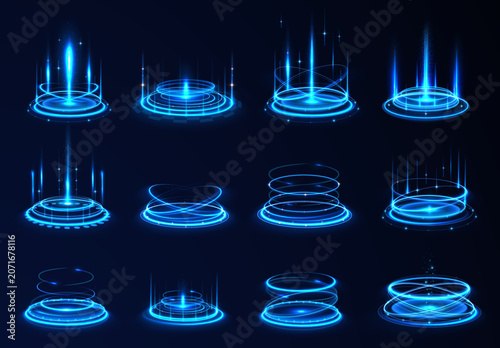 Tableau sur toile A glowing blue portal ring hovers above the ground, surrounded by sparkling particles and futuristic energy effects