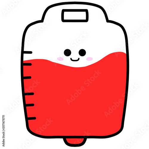 Cute blood donation bag illustration with a smiling face and measurement lines for medical charity and healthcare concepts