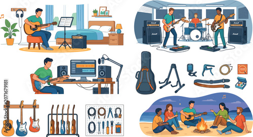 Musician Guitarist Hobby and Recording Studio Vector Icon Set Featuring Bedroom Practice Band Rehearsal Home Audio Production and Beach Campfire Singalong
