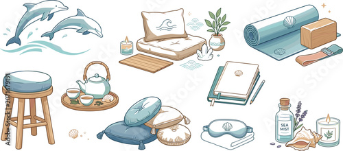 Ocean Theme Wellness and Meditation Vector Icon Set Featuring Dolphins Yoga Mat Zafu Pillows Teapot Journal and Sleep Mask Accessories