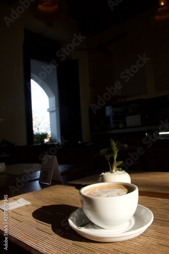 Cup of Coffee on Table in Cozy Colonial Cafe, Sri Lanka