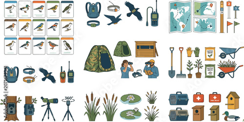 Ornithology bird watching research conservation and wildlife habitat monitoring tracking equipment layout elements vector illustration set