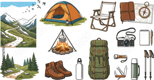 Mountain hiking adventure camp tourism elements and outdoor wilderness nature expedition tracking layout icons vector illustration set