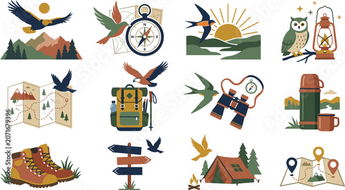 Outdoor Adventure Hiking and Birdwatching Vector Icon Set Featuring Wildlife Camping Tent Navigation Maps Binoculars Backpack and Mountain Landscapes