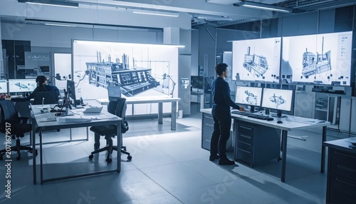 Architects and Engineers Collaborating on Advanced Building Design in a Modern Technology Office