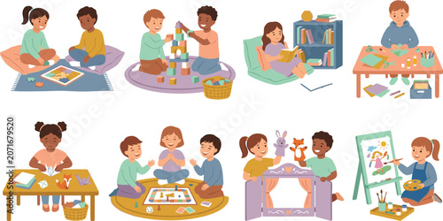 Preschool and Kindergarten Children Indoor Play Vector Icon Set with Kids Doing Jigsaw Puzzles Building Blocks Origami Boardgames Painting and Puppets