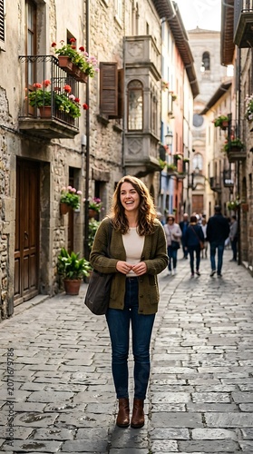 Happy young woman walking on a charming cobblestone street