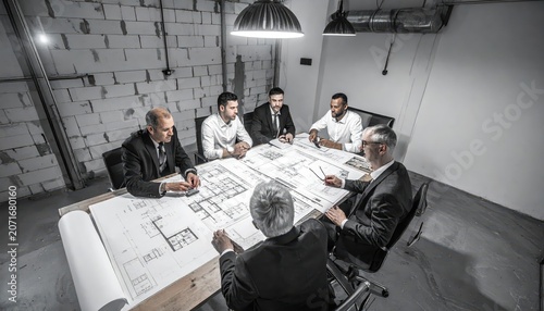 A Team of Investors Reviewing Architectural Blueprints During a Serious Meeting
