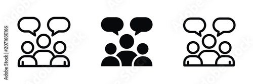 Communication and group discussion icon set featuring people silhouettes and speech bubbles for teamwork, conversation and collaboration concepts.