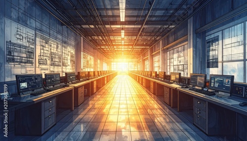 A vast data center hallway with rows of computers bathed in bright sunlight