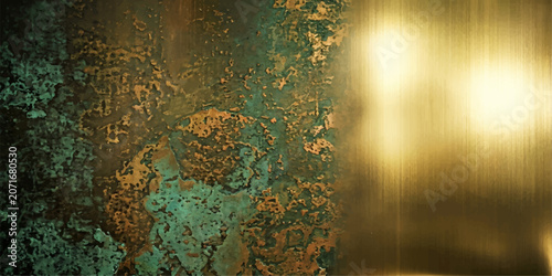 Cuadro en lienzo A close-up textured abstract of aged verdigris patina on metal contrasted with a bright, brushed golden surface, evoking a sense of time, decay, and renewal