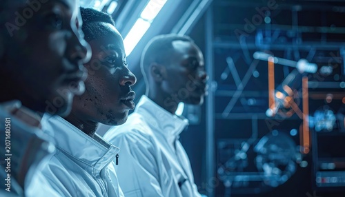 Aerospace Engineers Collaborating on Mission Planning in a Modern Control Center