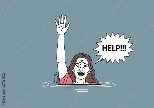 Fotografie Woman struggling in deep water illustration vector design depicting a person cry