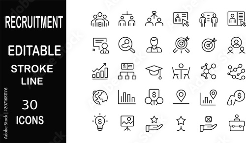 Recruitment Icons: A collection of 30 editable stroke line icons representing various aspects of recruitment and human resources, including candidate search, team building, and business growth.