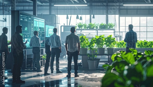 Agricultural Innovators Discussing Sustainable Farming Solutions in a Modern Lab