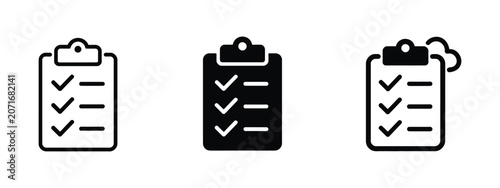Checklist clipboard icon set featuring task completion, to do list, survey and verification symbols in different design styles.