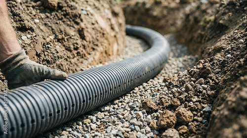 Construction worker installing drainage pipe in ground trench