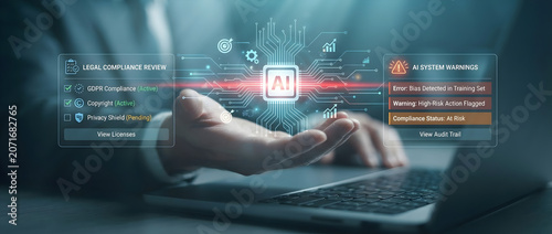Businessman interacting with digital dashboard reviewing AI legal compliance and system bias warnings