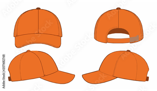 Obraz na płótnie Orange Baseball Cap Mockup Vector Set Front Back and Side Views