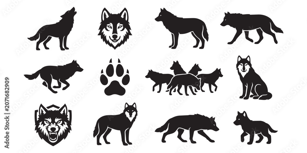 Obraz premium Collection of black wolf silhouettes including various poses head profiles running wolves pack members a detailed paw print icon with silhouette