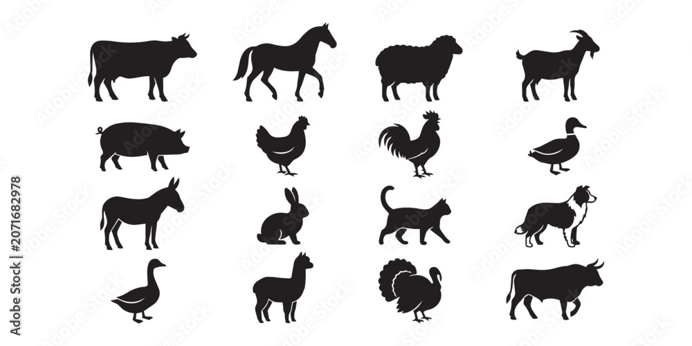 Fototapeta premium Set of domestic farm animal silhouettes featuring livestock and common agricultural animals silhouette livestock agriculture collection isolated