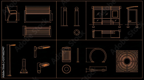 Title:

Urban Street Furniture CAD Block Vector Set with Bench Bollard Bus Shelter Lamp Post City Design Elements Multi View Technical Blueprint Outline