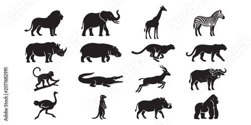 Photography Collection of wild african safari animal silhouettes including predatory and lar