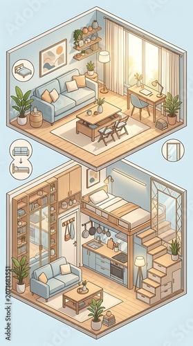 Modern isometric studio apartment layout with space saving furniture