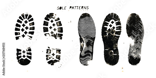Set of different shoe sole patterns and footprints showing various tread designs in black ink