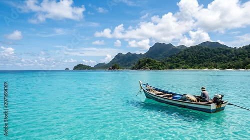 Wooden boat on turquoise tropical ocean with lush island background