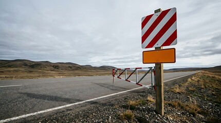 Remote asphalt road with closed barrier and warning signs