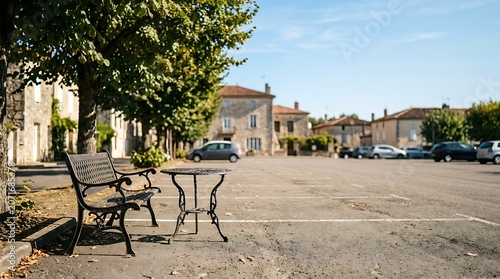 Metal bench and table overlooking a sunny village square