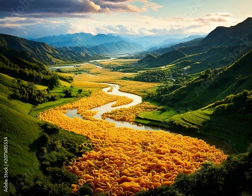 An endless river of colorful pasta flowing through lush green valleys under a dramatic sky