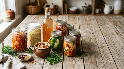 Assorted fermented vegetables and probiotic foods in glass jars