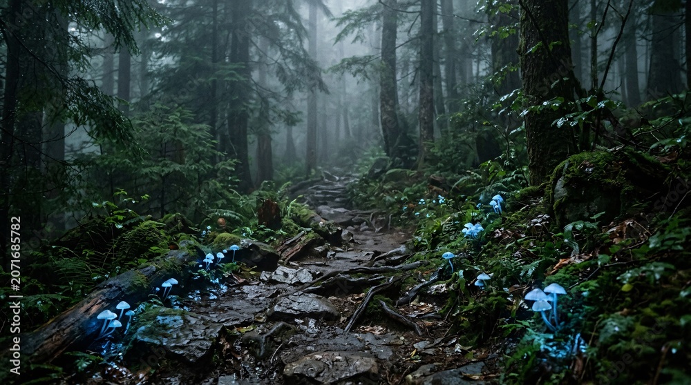 Obraz premium Rugged rocky hiking trails wind deeply into dense moody forests filled with heavy morning mists and beautiful glowing blue tiny mushrooms.