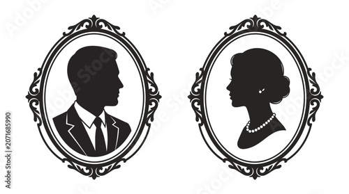 Vintage Silhouette Portraits of Man and Woman in Oval Frames