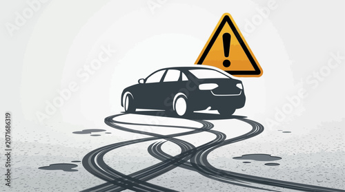 Tableau sur toile Car skid marks on wet road surface with an orange warning sign icon indicating d