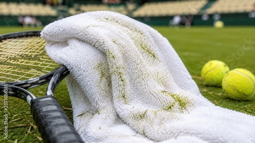 Grass Stained White Towel On Tennis Racket Court