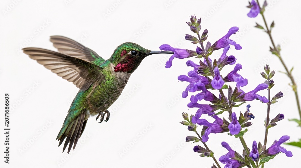 Fototapeta premium Shimmering green hummingbirds hover gracefully in mid-air feeding from beautiful blooming purple salvia flowers on pure white backgrounds.