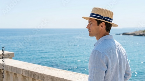 Man standing by sea in straw hat. Handsome guy wearing linen shirt enjoys view of ocean from tropical terrace. Vacation traveler relaxing at seaside resort during summer travel trip.