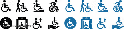 wheelchair icon collection with accessibility pictograms in black and blue vector style