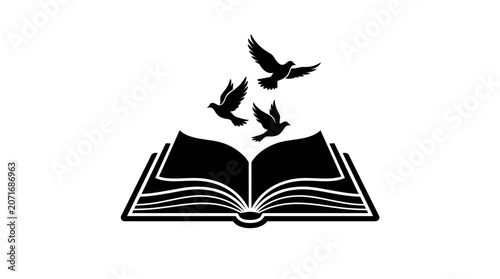 Obraz na płótnie Open book silhouette with flying doves of peace conceptual icon