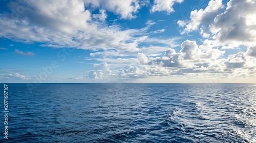 Deep blue ocean under a bright cloudy sky