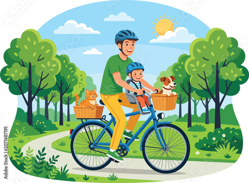 Fotografie Father and child riding a bicycle with pets in a sunny park
