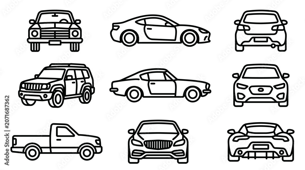 Obraz premium Set of various car outline icons from front side and rear perspectives