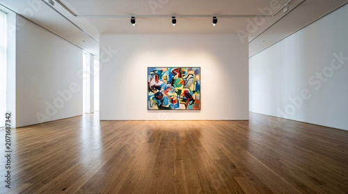 Spacious empty gallery room features smooth hardwood floors and three bright overhead spotlights illuminating abstract modern art canvases.